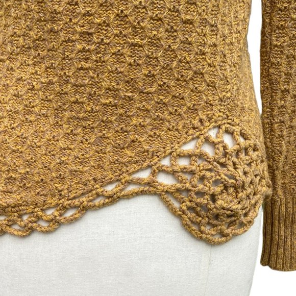 Moth Wool Cable Knit Crochet Asymmetrical Hem Sweater Mustard Artsy Rosette-S - Picture 12 of 16
